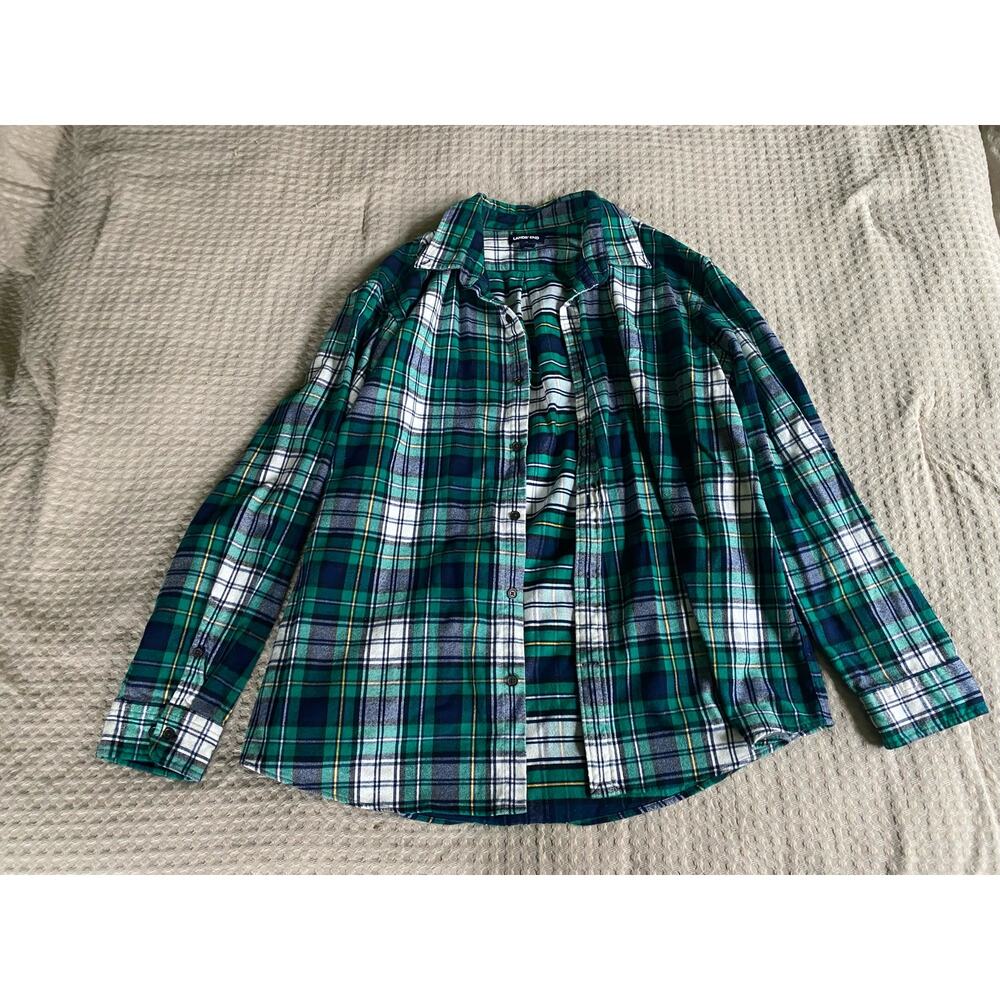 Lands End Green Blue and White 100% Cotton Flannel Traditional Fit